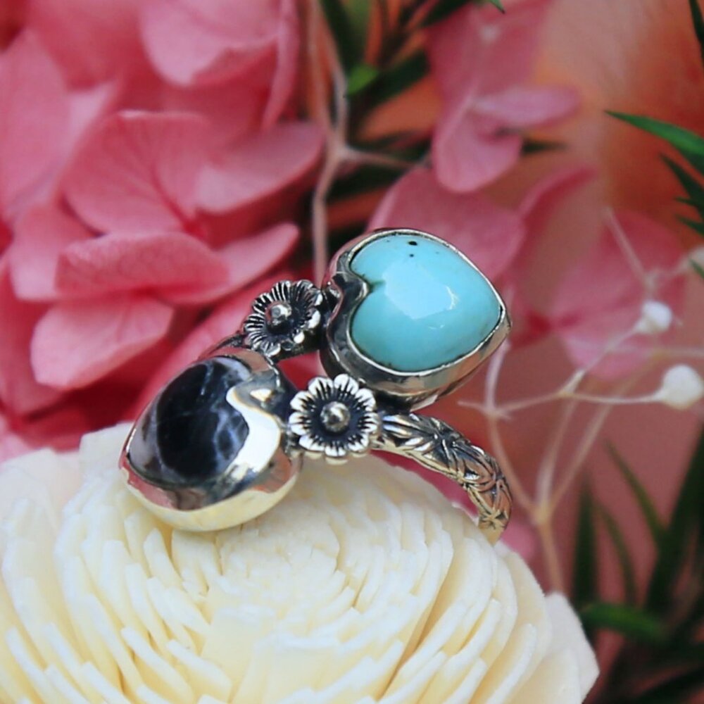 Artisan ✦ Tahoe Nevada Turquoise & White Buffalo Heart Ring ✦ 925 Bypass Size 7 - Picture 9 of 12